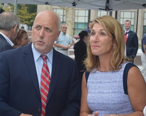 Brockton mayor Bill Carpenter and lieutenant governor Karyn Polito at the new City Hall Plaza ribbon cutting.