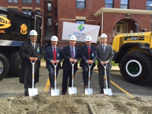 Shown at the ground breaking for the new Holyoke Medical Center emergency center are Paul Silva, CFO of HMC; Carl Cameron, COO of HMC; Bob Greene, president G. Greene Const.; Spiros Hatiras, CEO HMC; and Andrew Maurer, project architect SMRT.