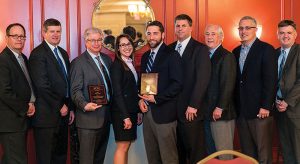 Shown (from left) are: Dana Huff (vice president, Tighe & Bond), David Pinsky (president/CEO, Tighe & Bond), Brad Bevers (executive director, facilities design and construction management, Yale-New Haven Health System), Rebecca Hall (project engineer, Tighe & Bond), Daniel Valentine (project engineer, Tighe & Bond), Christopher Granatini (project manager, Tighe & Bond), John Block (senior vice president, Tighe & Bond), Andrew Grillo (project executive, Gilbane Construction Co.), and Mark Brunetti (senior vice president, Bridgeport Hospital).