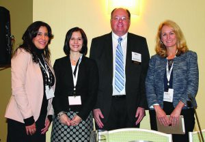 Shown (from left) are: Lilliana Alvarado, design principal at UPHEALING; Michelle Bridge, business development manager for Capital Carpet and Flooring; Mark Weiner, architectural account executive for Sherwin Williams; and moderated by Sharon MacDonald, CEO of Model55.