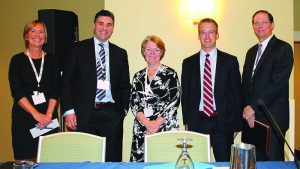 Shown (from left) are: Mary Jo Olenick, principal at The S/L/A/M Collaborative; J.P. Bonin, senior consultant at the Sextant Group; Martha Boyd, senior project manager for capital planning and construction at UMass Memorial Medical Center; Jake Horak, senior manager of Healthcare Strategy Practice; and moderated by David Neal, principal at The S/L/A/M Collaborative.