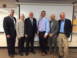 Shown (from left) are: Vance Taylor, chairman CID; Tom Hill III, CCIM/SIOR, representing Naugatuck Industrial Park; Larry Bingaman, president/CEO Regional Water Authority; Damon Ralph, business banker and sponsor from Wells Fargo; Jed Backus, host; and Phil Backus of Backus Real Estate.