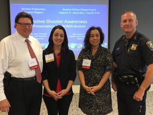 Shown (from left) are: John Tello, Boston Properties; Julie Pingitore, BELFOR Property Restoration; Kathryn White, Allied Universal; sergeant Taxter, Boston Police Department District 4 at the a Roundtable on “Active Shooter and Situational Awareness.”