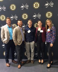Shown (from left) are: Corey Massaro, BELFOR Property Restoration; Jacob Hillmann, Hillmann Consulting; Kyle Pierce, Pierce Property Services; Heidi Cerullo, CBRE | New England; Alexa Stevens, Transwestern at the behind-the-scenes tour of the Warriors Ice Arena.